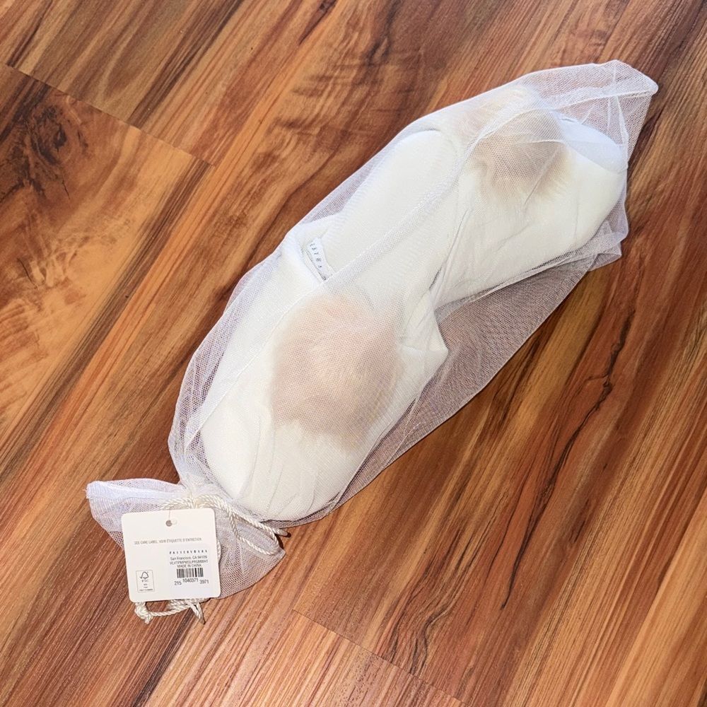 Pottery Barn White Slipper Shoes with Beige Pom Poms